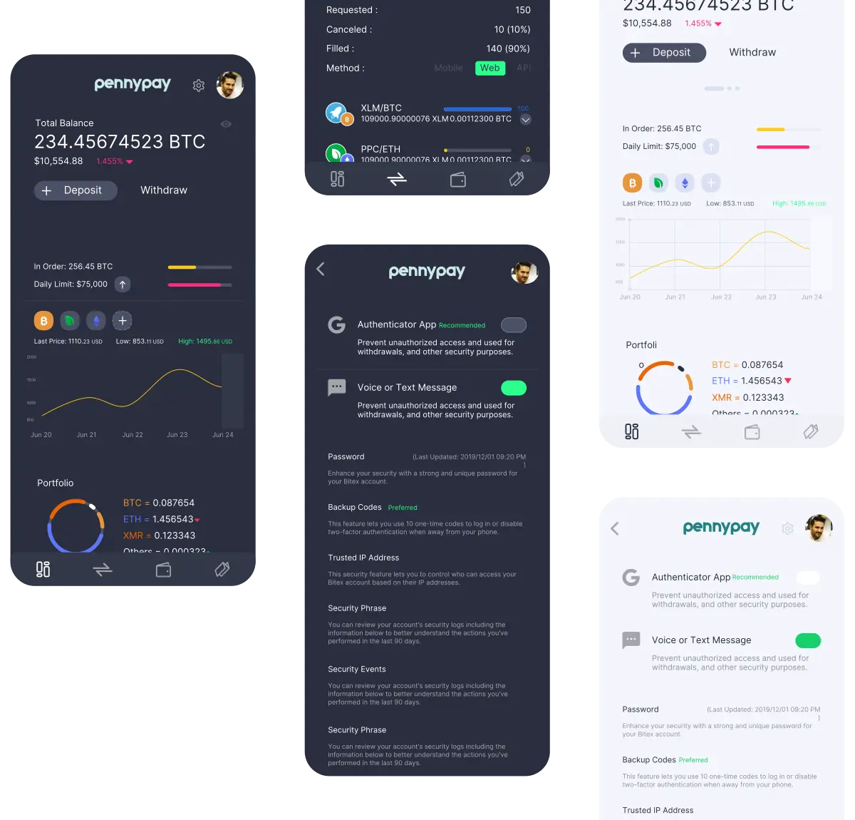 Screenshots of the PennyPay mobile app in light and dark modes